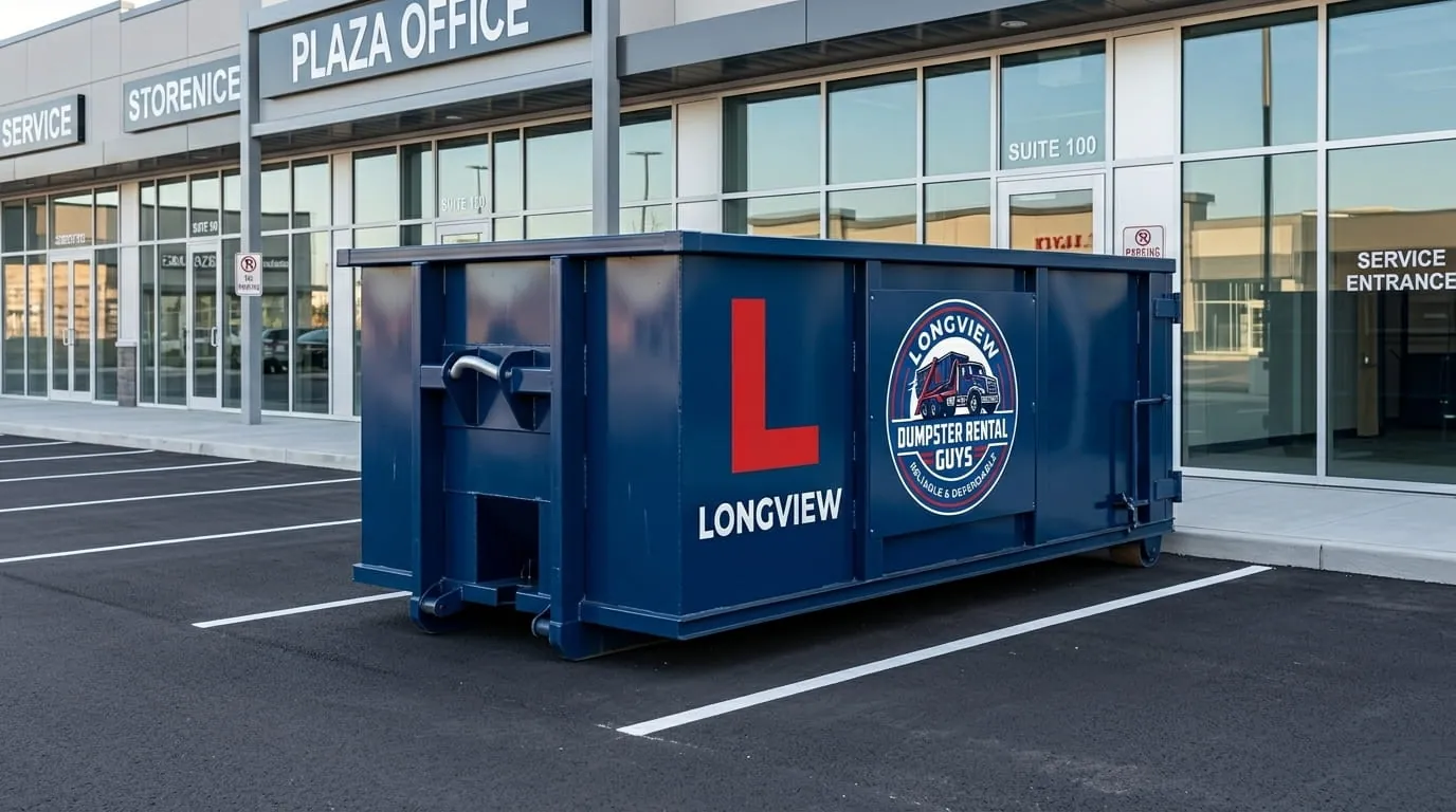 Commercial roll-off container in a retail plaza parking lot in Longview, Texas Commercial roll-off container in a retail plaza parking lot in Longview, Texas
