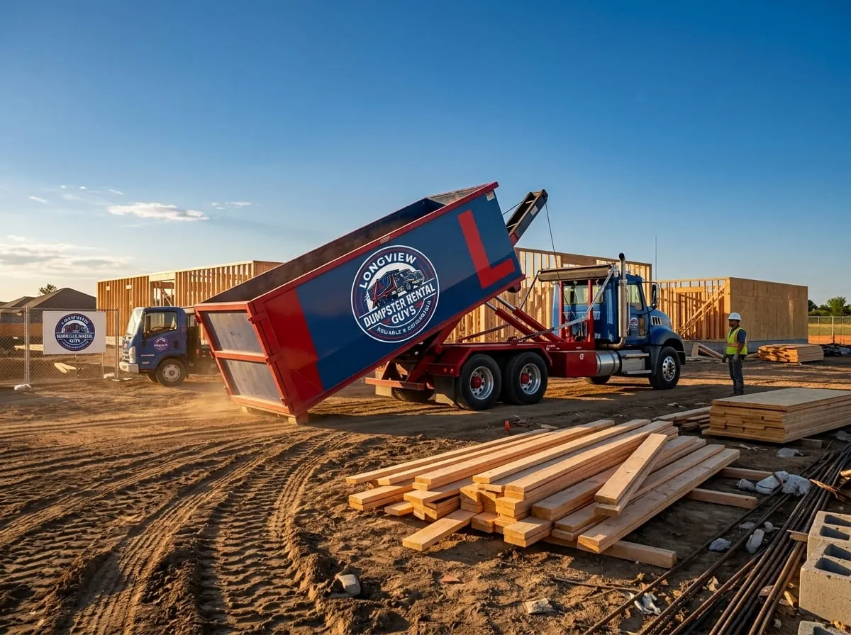 Roll-off truck delivering a container to a framing site in Longview, Texas Roll-off truck delivering a container to a framing site in Longview, Texas