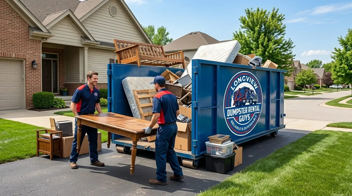 Two people loading furniture into a roll-off dumpster on a driveway in Longview, Texas Two people loading furniture into a roll-off dumpster on a driveway in Longview, Texas