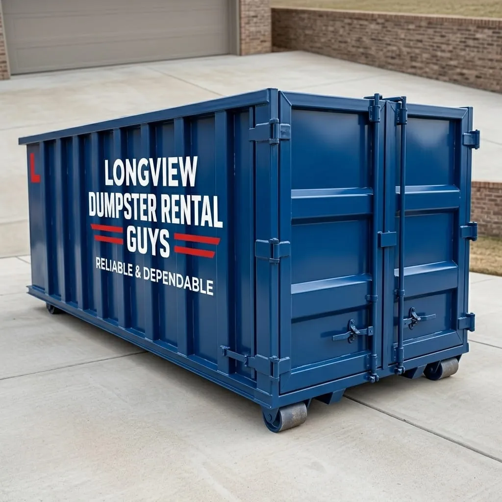 Red roll-off dumpster in service on a job site in Longview, TX Red roll-off dumpster in service on a job site in Longview, TX