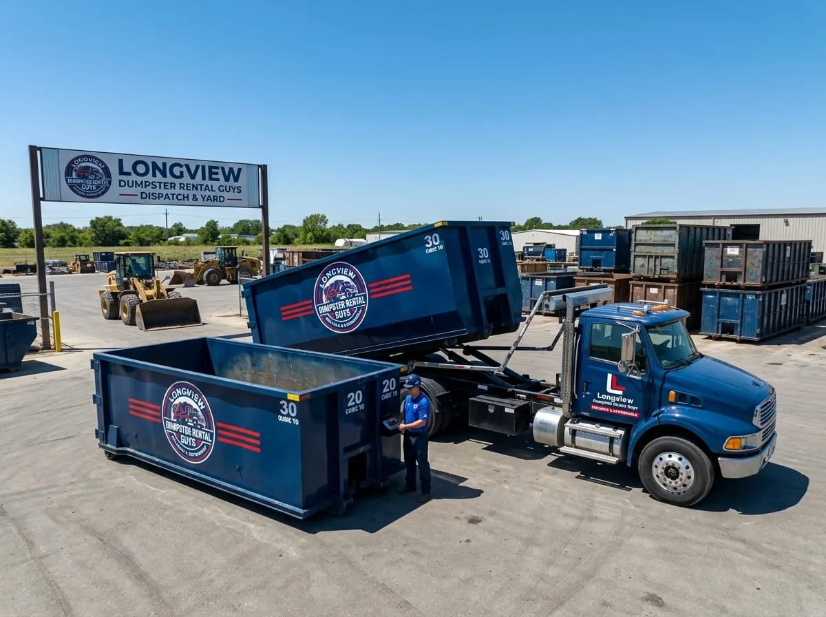 Longview Dumpster Rental Guys roll-off container and truck working a job in Gregg County Longview Dumpster Rental Guys roll-off container and truck working a job in Gregg County