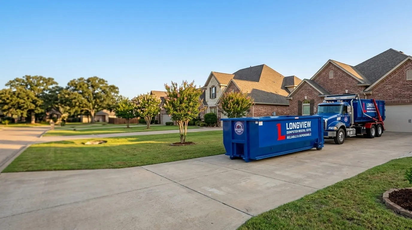 Roll-off truck and container on a tree-lined residential street in Longview, Texas Roll-off truck and container on a tree-lined residential street in Longview, Texas